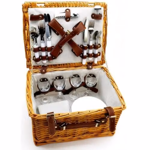 Gr8 Garden Luxury Brown Wicker Picnic Basket Hamper Set for 4 People with Glassware, Plates, Cutlery, Napkins and Bottle Opener – 1