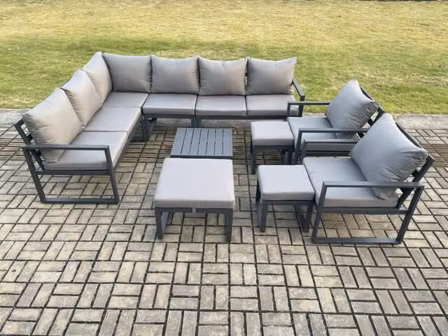 Fimous 11 Seater Outdoor Lounge Corner Sofa Set in Dark Grey with Powder Coated Aluminium Frame, Square Coffee Table, 2 Chairs and 3 Footstools