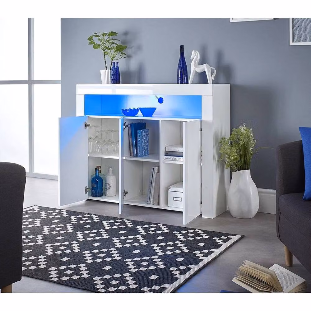 PAWNORA Modern White Glossy 3 Door Sideboard Storage Cabinet with Integrated Lighting, W: 100 cm – 2