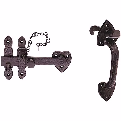 Loops Ornate Thumb Latch Door Handle Set for Outdoor Gates in Black Antique Finish