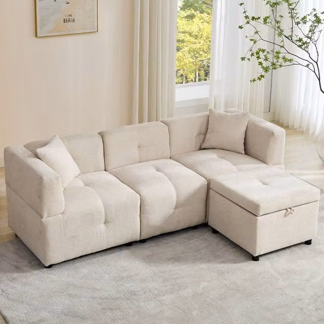 Merax 4-Seater Reversible L-Shaped Modular Sectional Sofa with Storage Ottoman and Scatter Cushions in Beige – 1