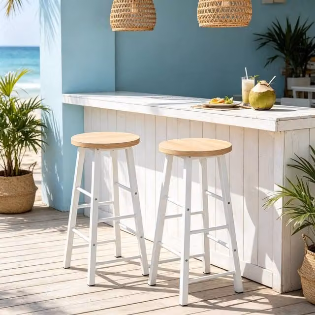 Merax Set of 2 Industrial Bar Stools with Footrests in Light Oak – 1