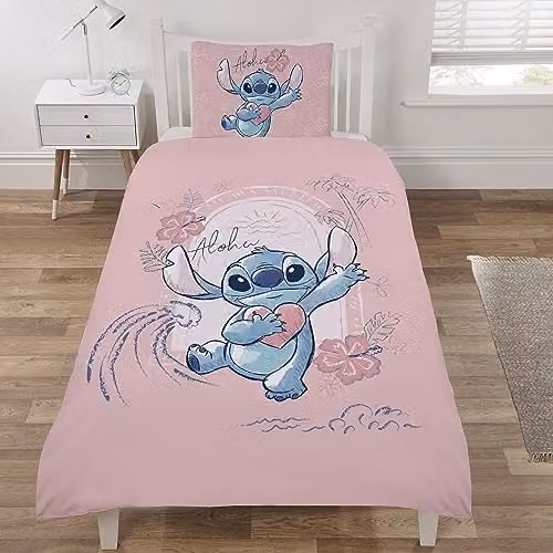 Coco Moon Lilo & Stitch Reversible Single Duvet Cover and Pillowcase Set, Pink, Blue and White
