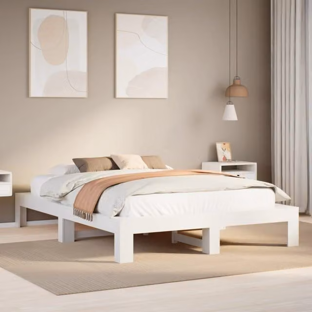 Berkfield Home Rustic Solid Pine Bed Frame in White, W: 140 cm, L: 200 cm – 1