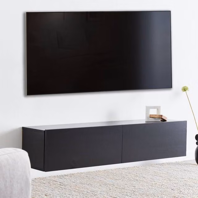 Wyld and Coco Black Wall-Mounted TV Stand with Two Concealed Cabinets