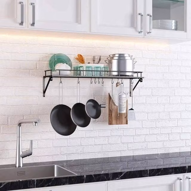 EONLION Black Metal Wall Mounted Pot Pan Rack and Kitchen Storage Shelf