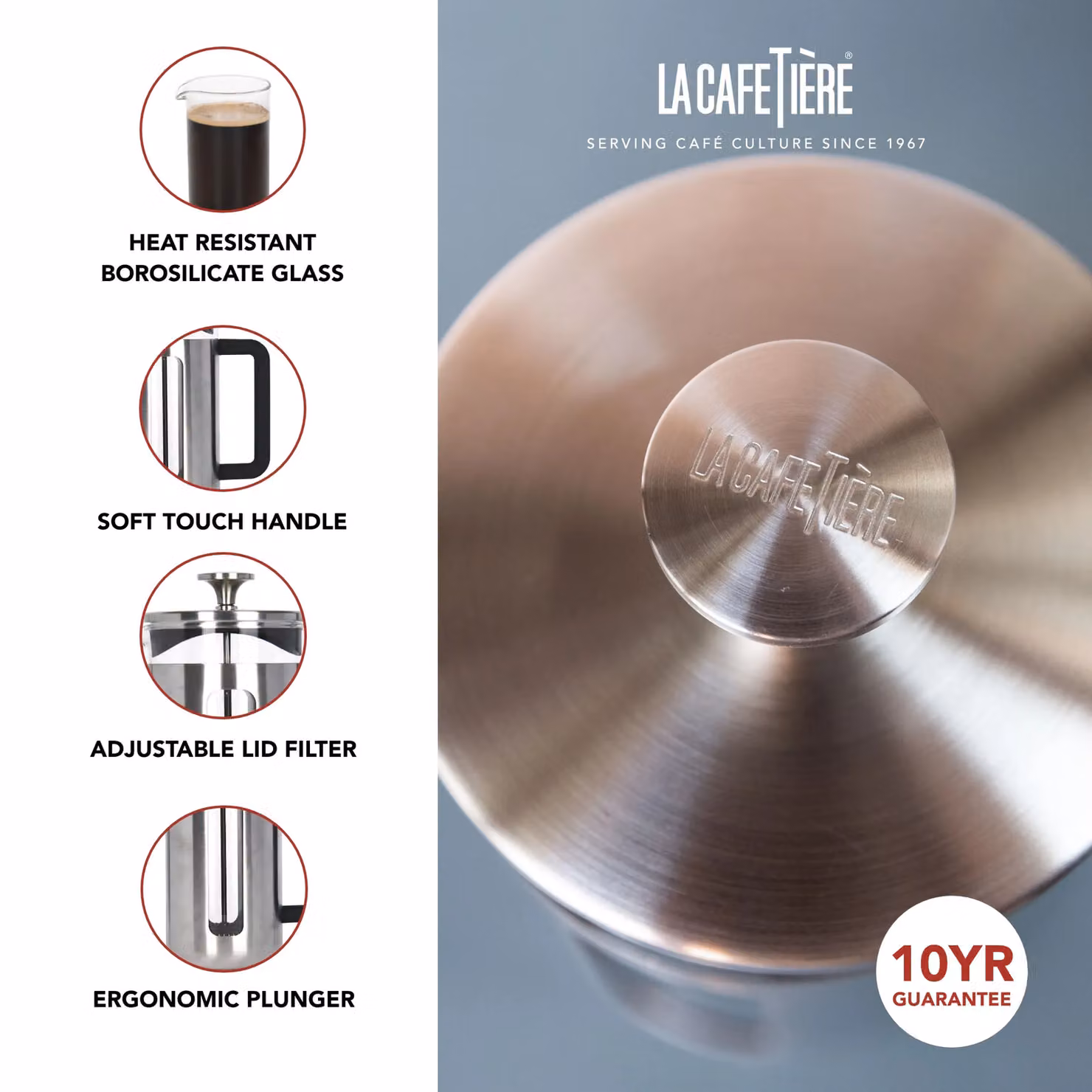 La Cafetiere Pisa Brushed Stainless Steel Cafetiere, 1 Litre, Silver – 4