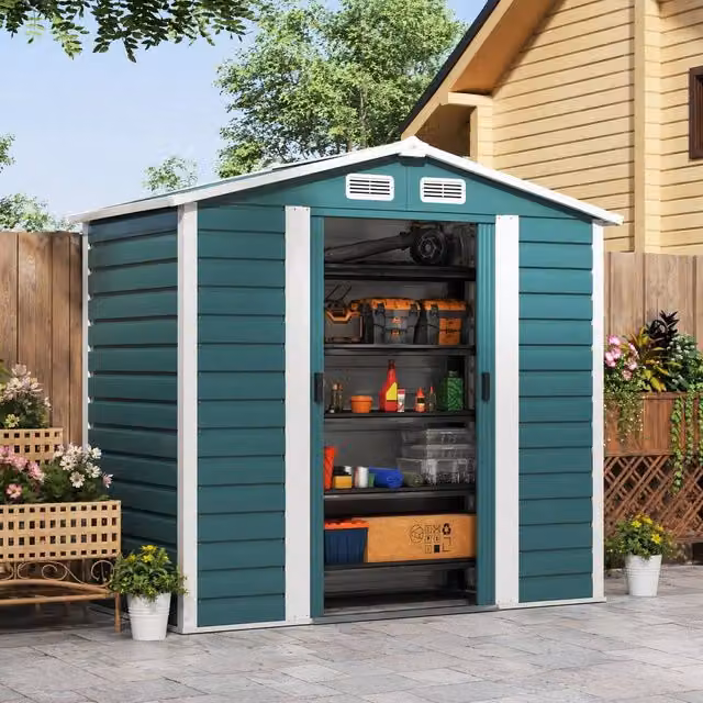 STILVORA Green Steel Garden Shed with Double Sliding Doors, W/D/H: 213 x 122 x 194 cm