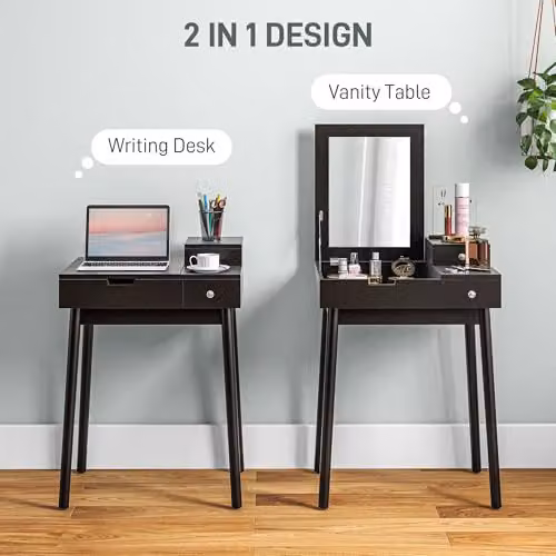 HOMCOM Modern Black Dressing Table with Flip-up Mirror and 2 Drawers – 3