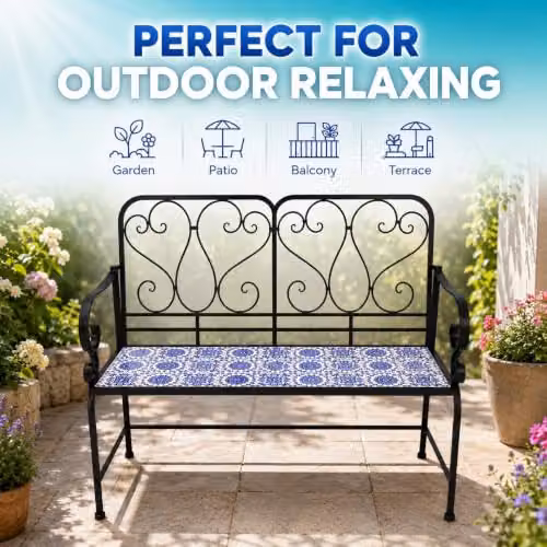 SHATCHI Porto 2 Seater Mosaic Garden Bench with Blue Ceramic Tile Seat and Lacquered Metal Frame, W: 112 cm, H: 96 cm, D: 47 cm – 4