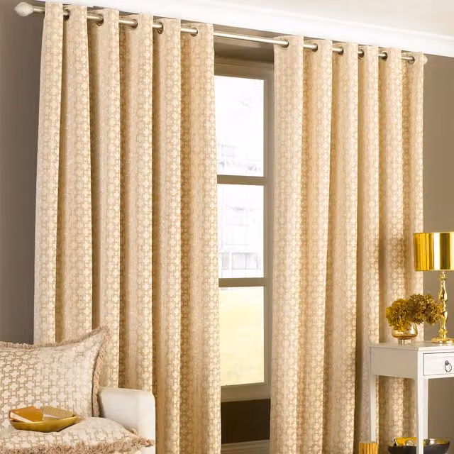 Paoletti Belmont Geometric Jacquard Eyelet Curtains in Beige, Width: 168 cm, Drop: 183 cm – 1