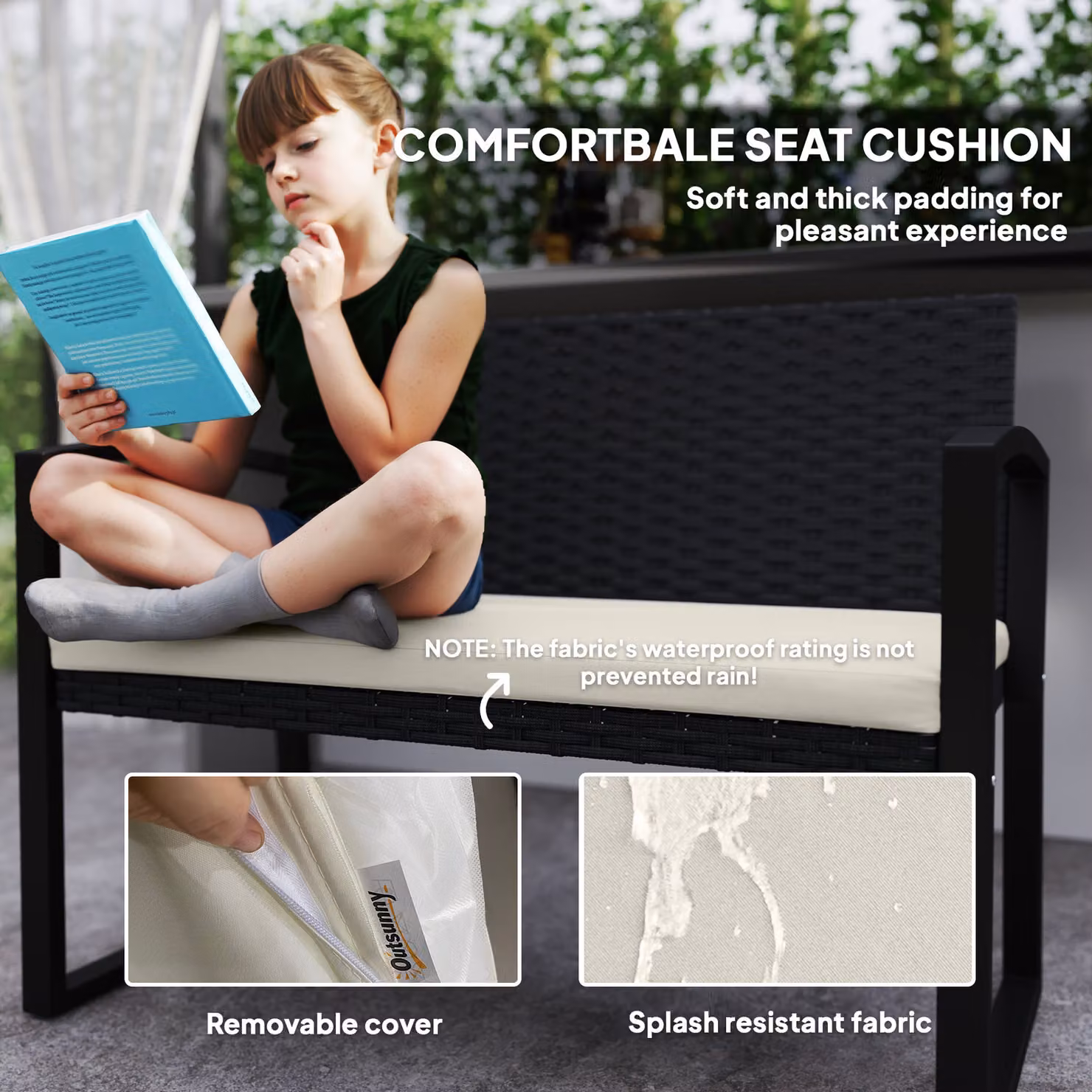 Outsunny Two-Seater Rattan Garden Bench in Beige and Black – 6