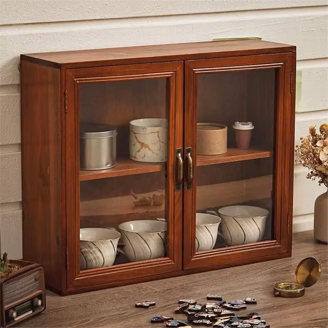 Nordara 2 Tier Vintage Wooden Storage Cabinet and Wall Mounted Shelf in Dark Brown – 1