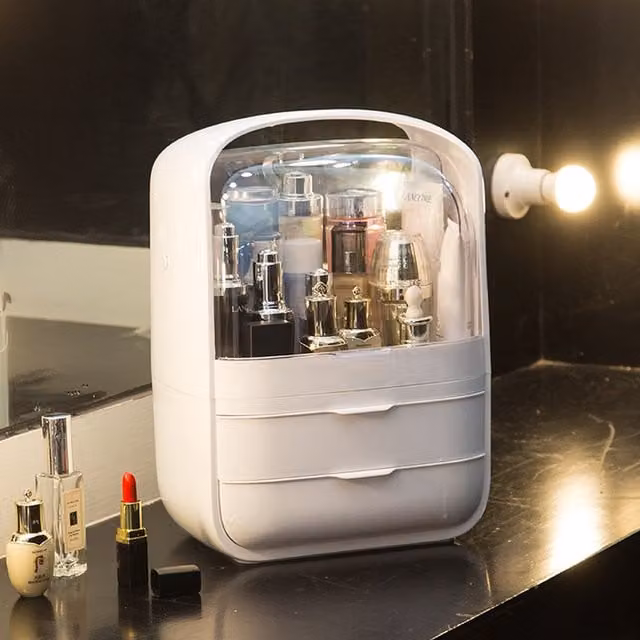 Livingandhome Portable Cosmetic Storage Box with Lid, White and Transparent, Width: 26 cm