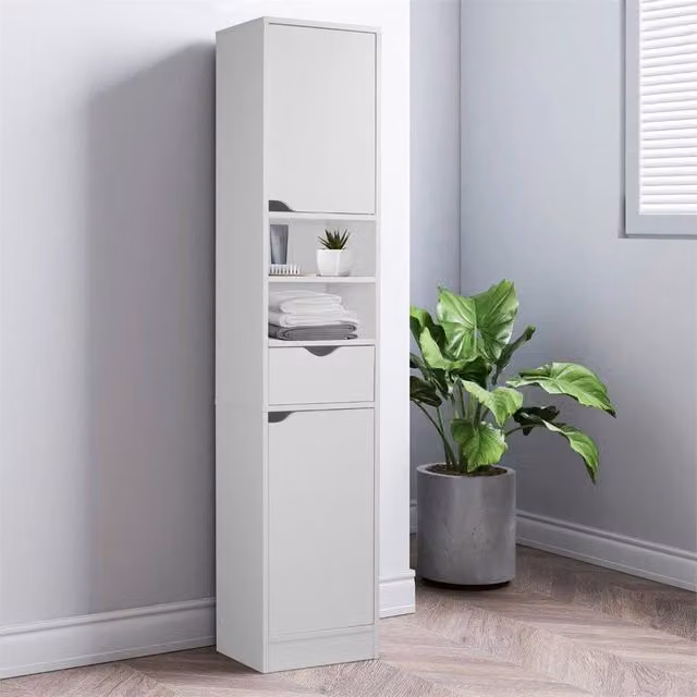 SPETLEK Modern White Wooden Tall Bathroom Cabinet with 2 Doors and 1 Drawer, H 170 x W 35 x D 29 cm – 1
