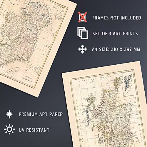 Artery8 Set of 3 Vintage British Isles Map Wall Art Prints, Beige, W: 21.0 cm, H: 29.7 cm – 3