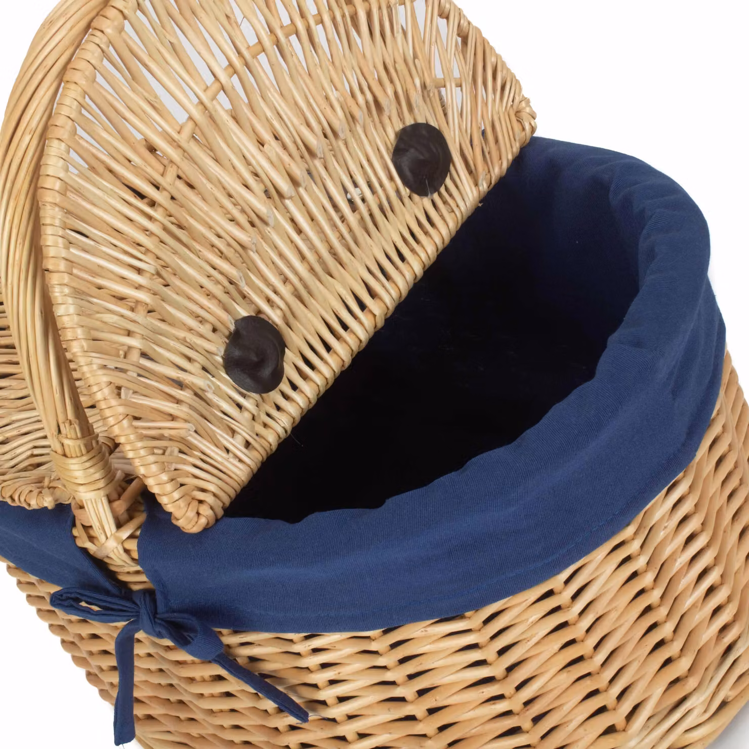 Red Hamper Oval Lidded Wicker Picnic Shopping Basket with Navy Blue Lining in Brown and Blue – 3