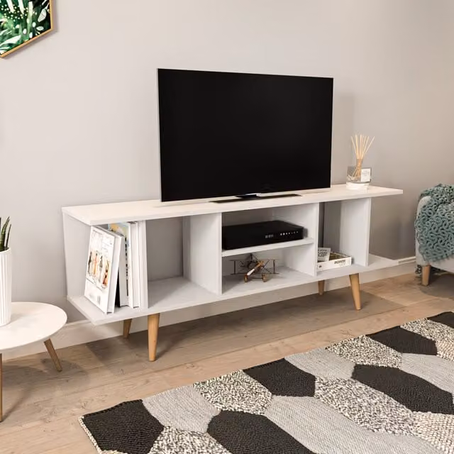 Decorotika Akya Scandinavian White Wood TV Unit with Media Compartments