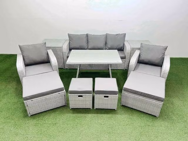 Fimous 9-Seater Patio Rectangular Table and Sofa Set with 2 Side Tables in Light Grey