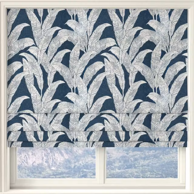 Linda Barker Evergreen Leaf Made to Measure Blackout Roman Blind in Blue