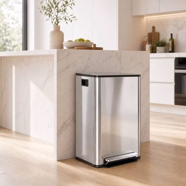STILVORA 40L Dual Compartment Stainless Steel Kitchen Pedal Bin with Soft-Close Lid in Silver – 1