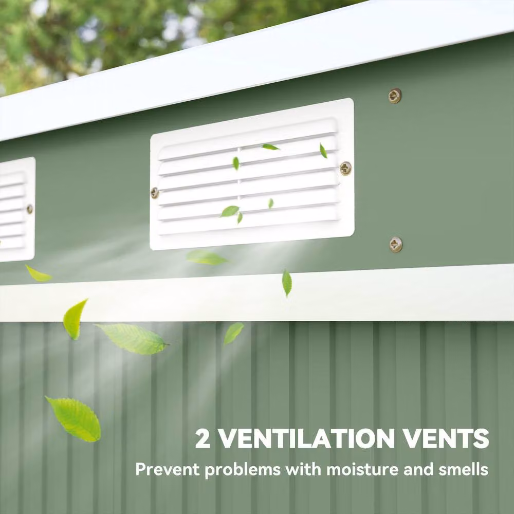 Rolipo Green Galvanised Steel Garden Shed with Foundation Kit, Double Doors and Side Vent, W/D/H: 213.36 x 121.92 x 172 cm – 6