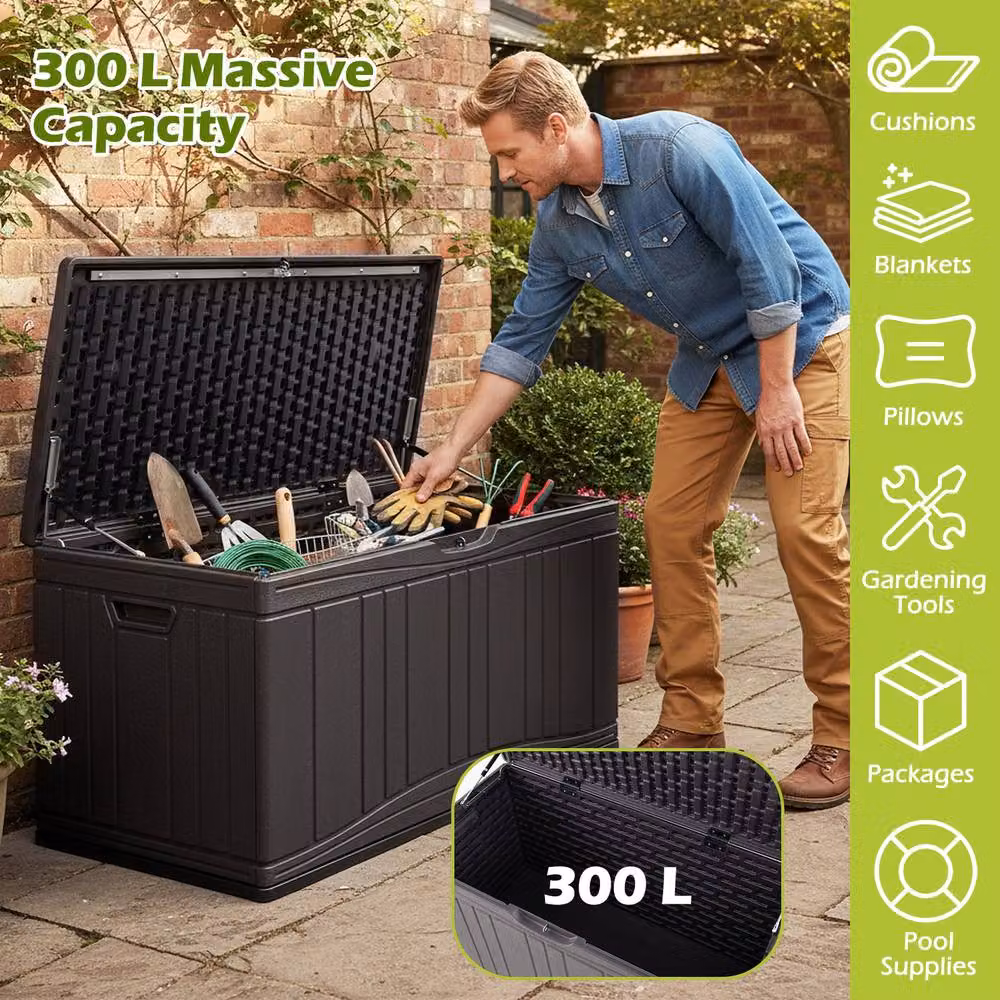 Costway 300 L Outdoor HDPE Patio Deck Storage Box with Lockable Lid in Brown – 3