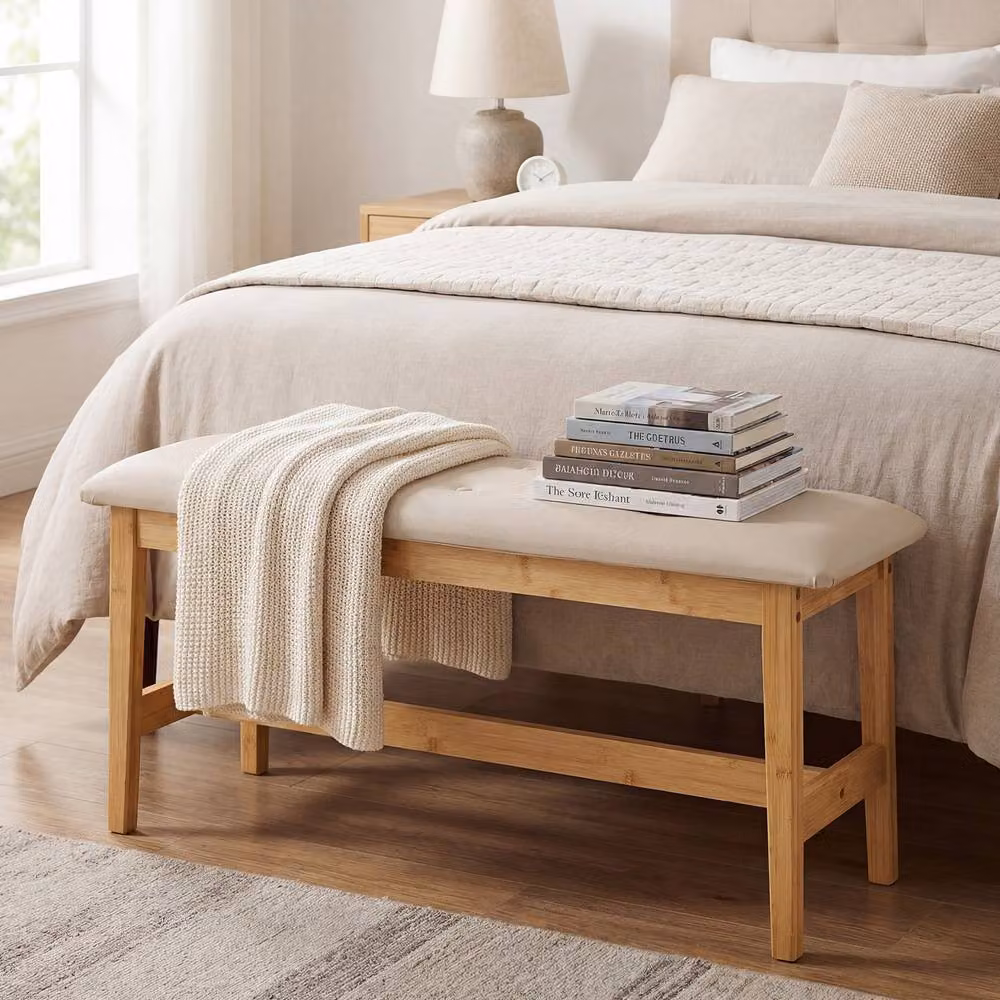 Costway Button Tufted Upholstered End of Bed Bench with Padded Seat in Beige – 2