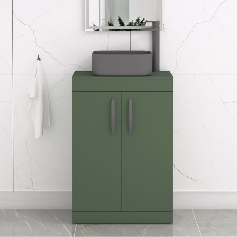 Royal Bathrooms Turin 800mm Floor Standing 2 Door Vanity Unit in Matt Green with Art Square Countertop Basin and Brushed Brass Handle