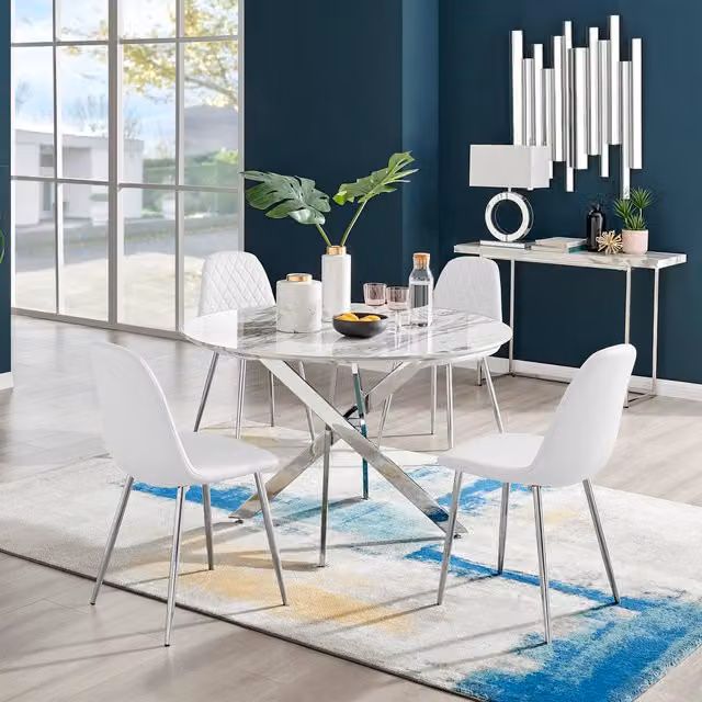 FurnitureboxUK Novara White Marble Effect Round Dining Table and 4 Corona Silver Chairs Set