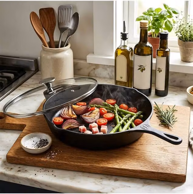 Living and Home Uncoated Cast Iron Frying Pan with Glass Lid and Handle in Black