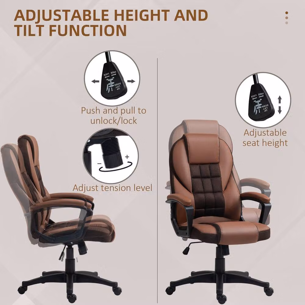 ERGOVEXA Brown Faux Leather Executive Swivel Office Chair with Armrests and Castors – 4