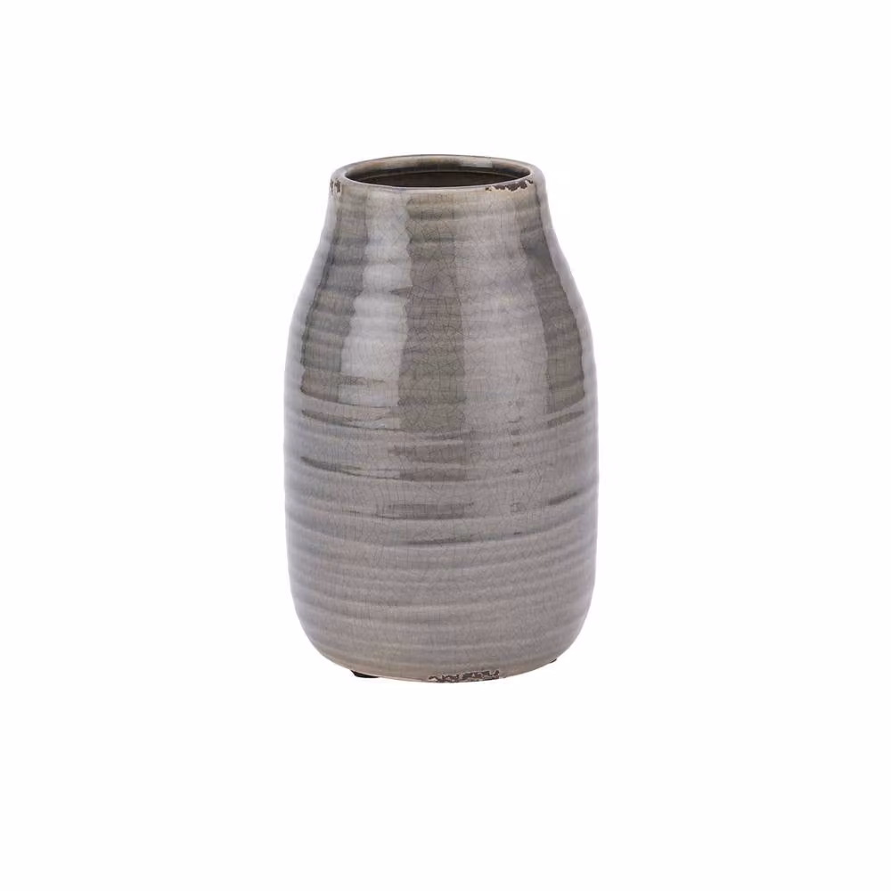Wyld Haus Sagebloom Large Grey Crackle Glazed Ceramic Bottle Vase, H 24.0 cm x W 15.0 cm x D 15.0 cm
