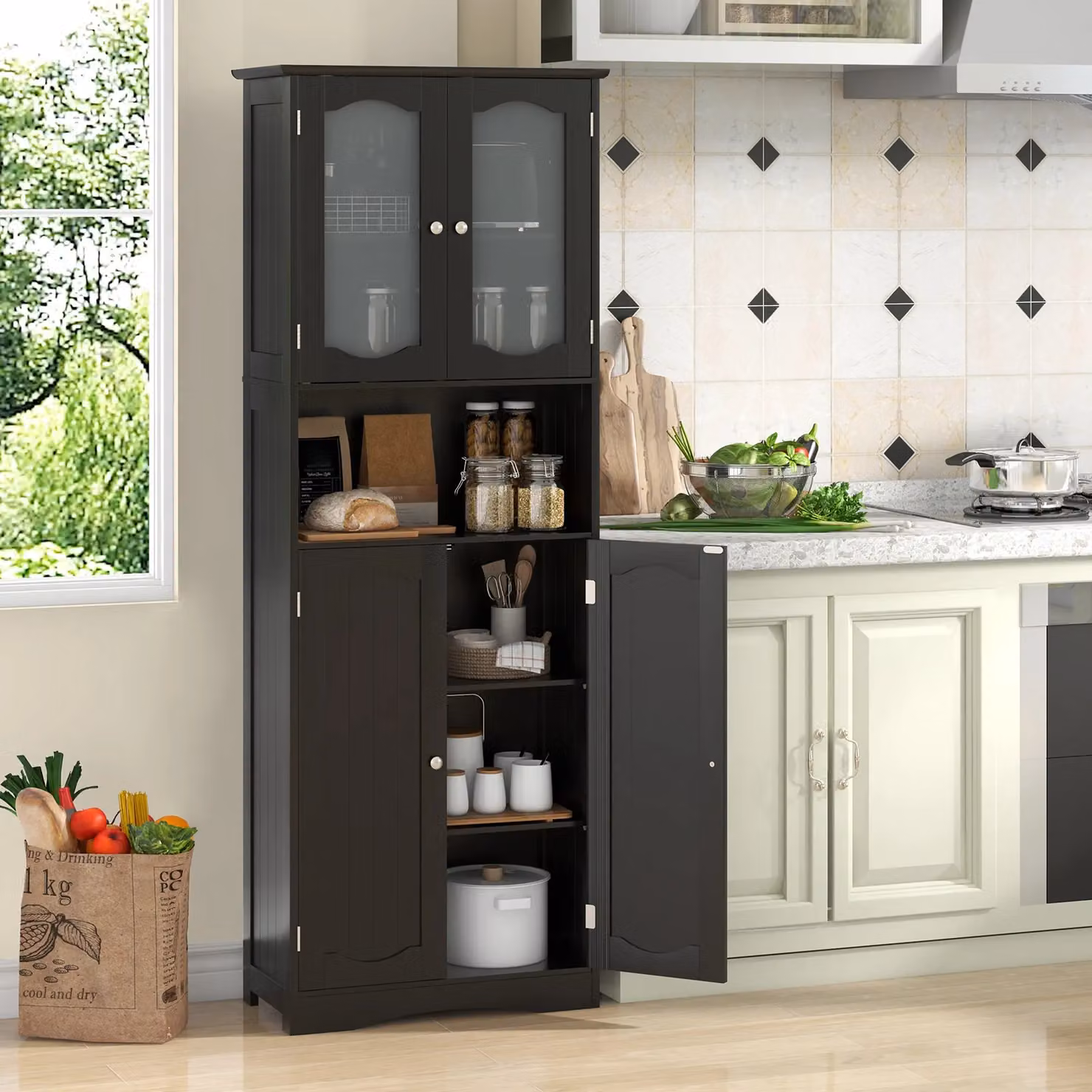 Gymax Tall Black Matt Bathroom and Kitchen Storage Cabinet with Tempered Glass Doors – 4