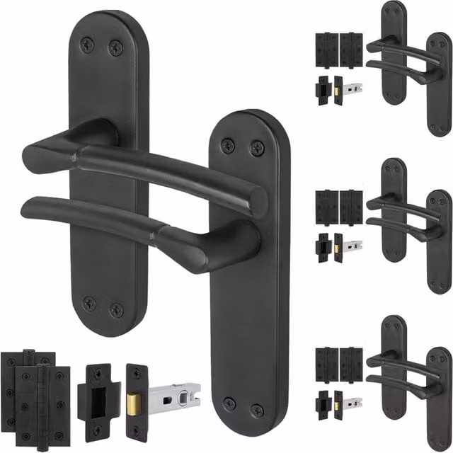AFIT Matt Black Door Handles and Latch Hinges Set, 4 Pairs, 150 x 150 mm