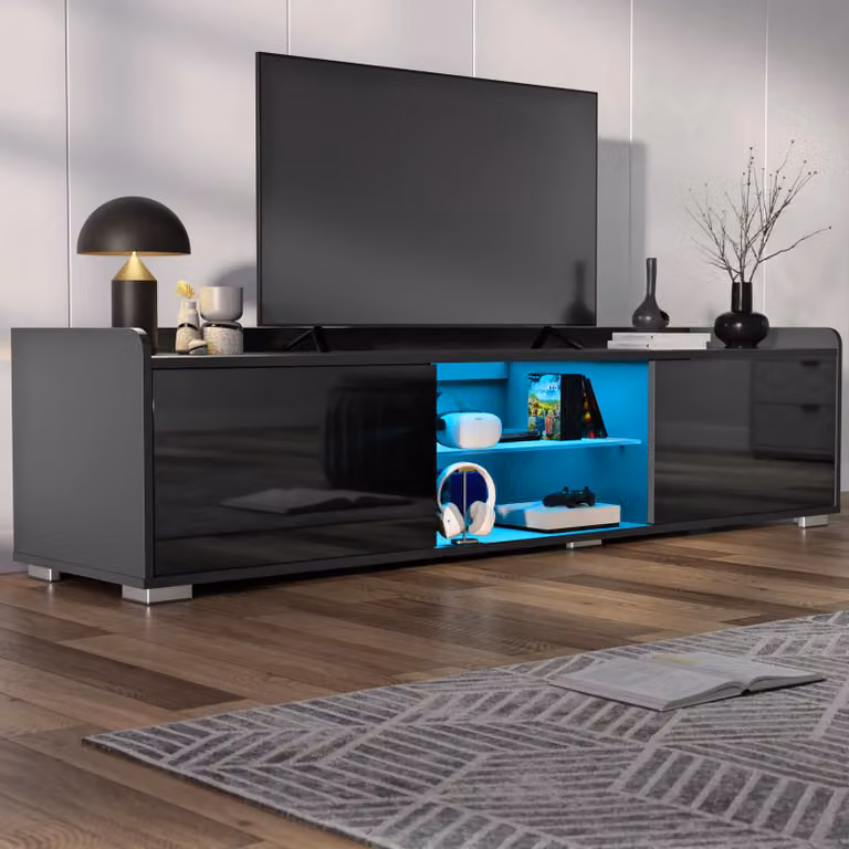 DHS Modern Black High Gloss TV Unit with Integrated LED Lighting and 2 Door Storage Cabinets