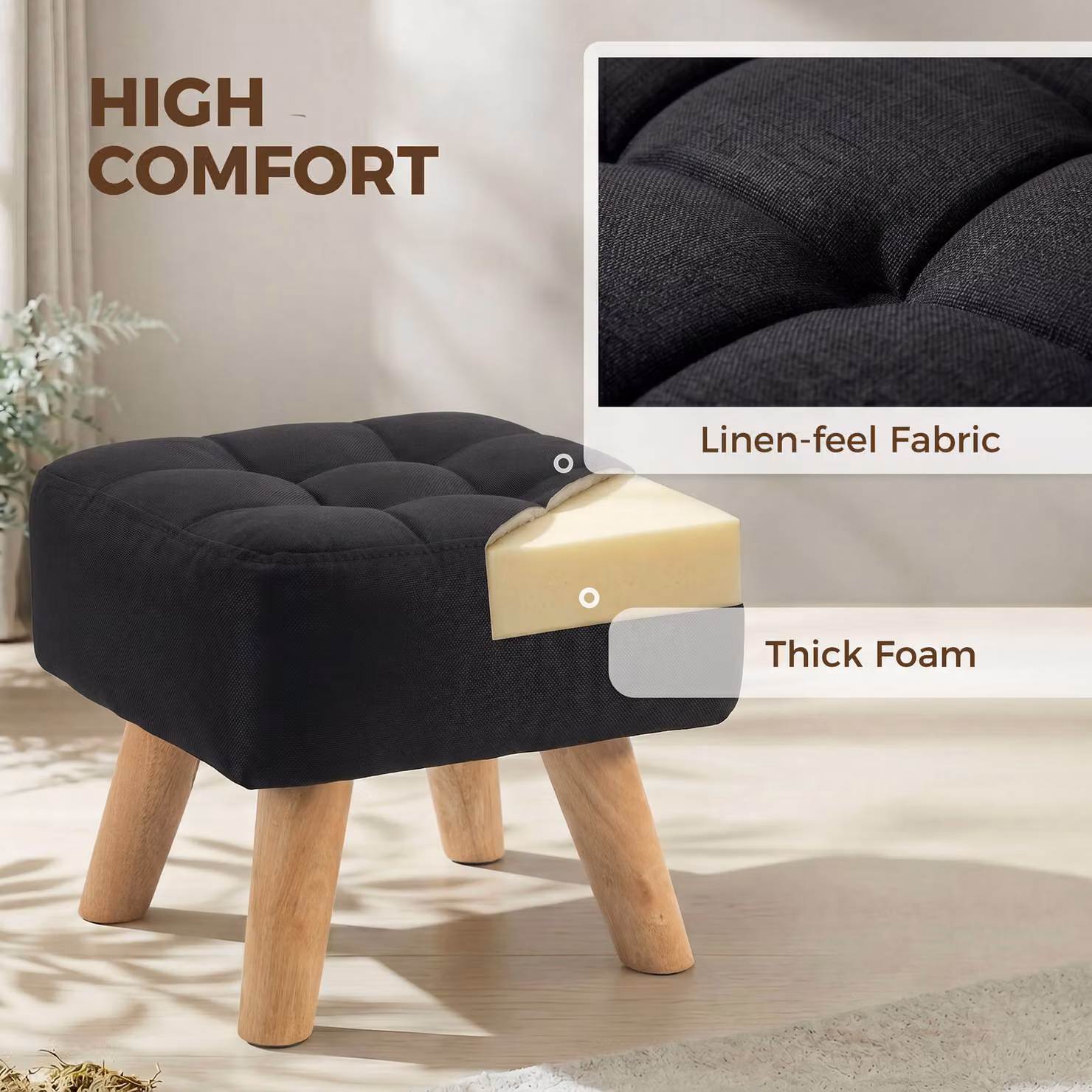HOMCOM Black Linen-Look Square Padded Footstool – 5