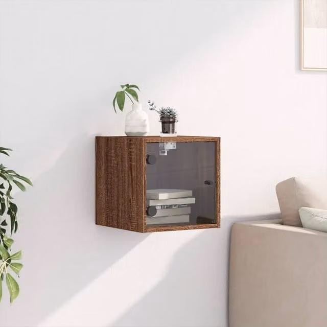 Berkfield Home Elegant Bedside Cabinet in Brown Oak with Glass Doors, W/D/H: 35 x 37 x 35 cm
