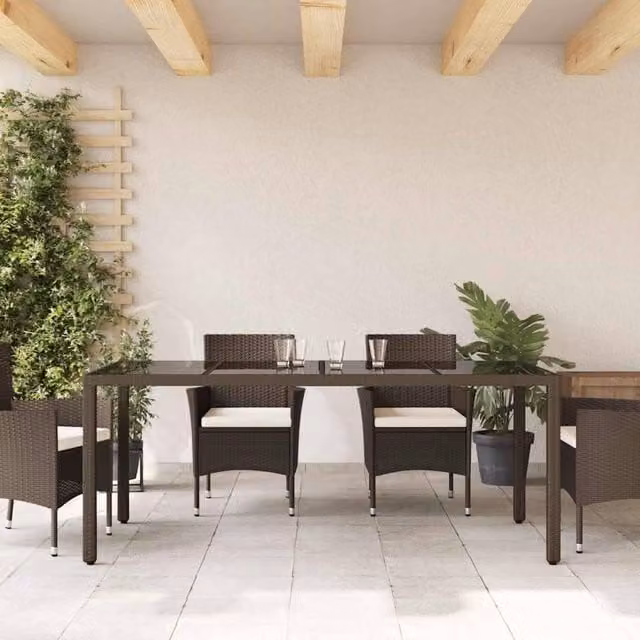 Berkfield Home Brown Poly Rattan Garden Table with Glass Top, W/D/H: 190 x 90 x 75 cm – 1