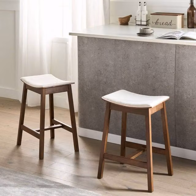 Wyld Haus Set of 2 Coco Backless Bar Chairs in Dark Brown Rubberwood and Off-White Fabric