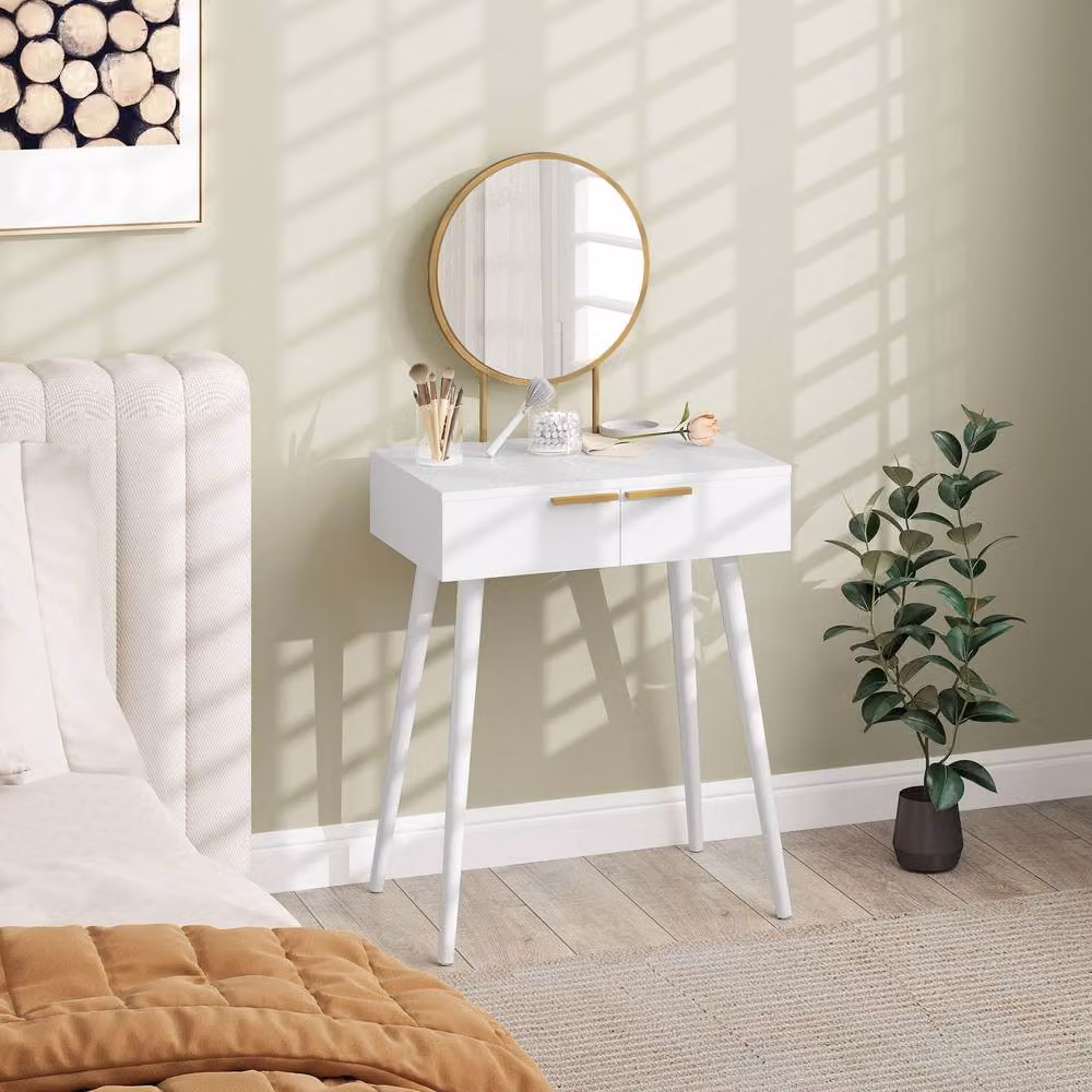HOMCOM Modern Dressing Table with 2 Drawers and Round Mirror in White – 2
