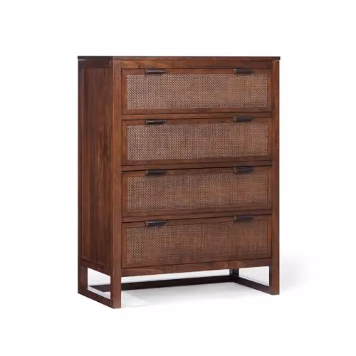 Teamson Home Hatteras Bedroom Dresser Chest of Drawers in Brown Walnut with Rattan Details, W/D/H: 76 x 37.3 x 45.72 cm – 1