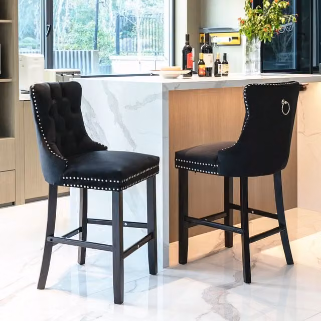 HomeTouch Set of 2 Black Velvet Bar Stools with Wooden Legs – 1