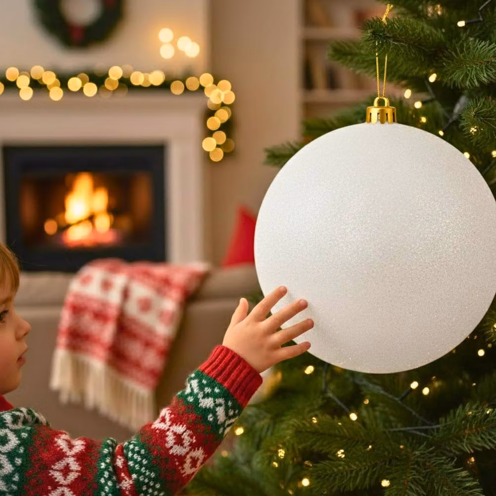Shatchi White Glitter Christmas Bauble, 25cm Round Plastic Hanging Ornament – 5