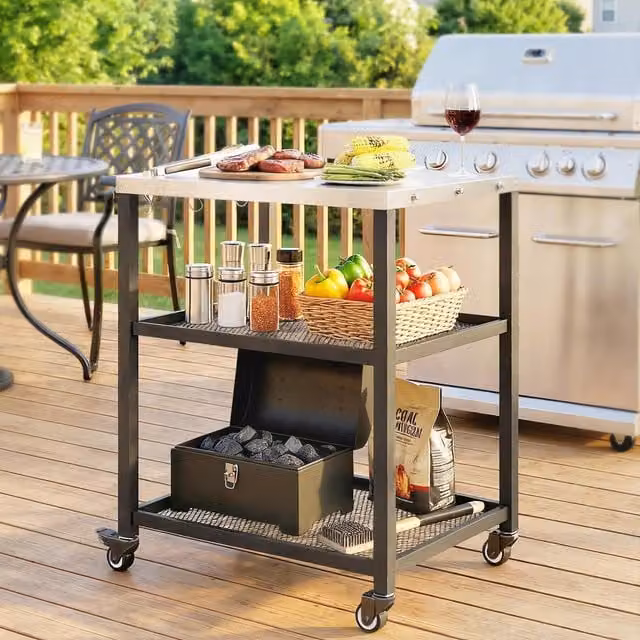 Outsunny Outdoor Grill Cart with Stainless Steel Tabletop and Wheels, Black