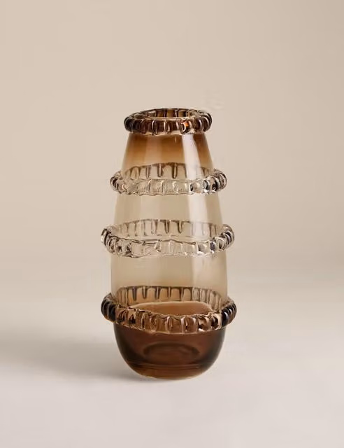 M&S Smoked Glass Textured Frill Tabletop Vase in Brown