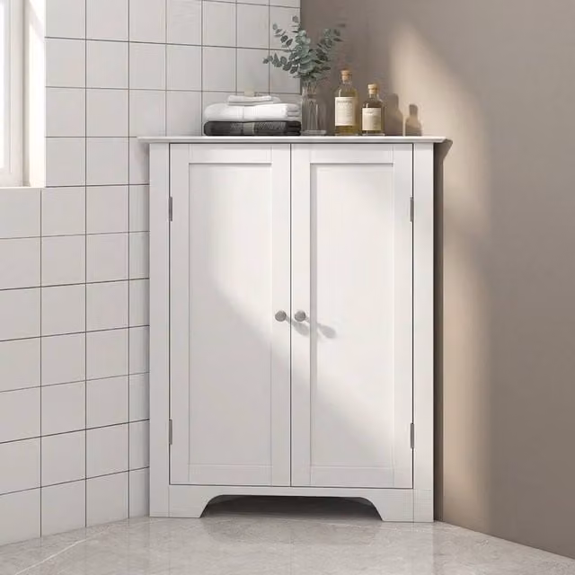 STILVORA White Lacquered Corner Bathroom Storage Cabinet with Internal Shelves and Hinged Doors H 80.0 cm x W 65.0 cm x D 2.0 cm