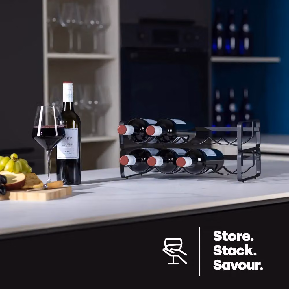 LIVIVO Set of 2 Elegant Stackable Wine Shelf Racks in Black and Silver Metal – 3