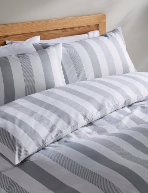 M&S Hadley Striped Pure Cotton Bedding Set, Light Grey, W: 180 cm, H: 200 cm