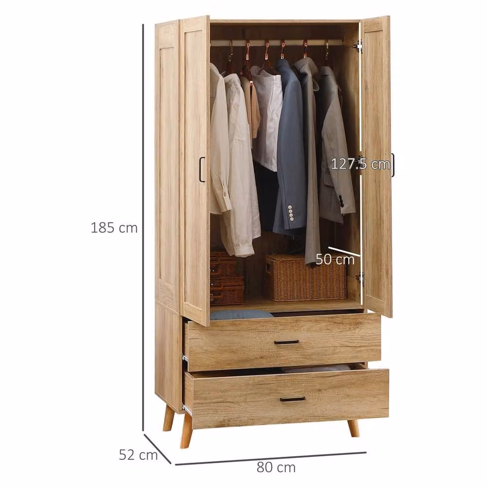 Havendro Modern 2 Door Wardrobe with 2 Drawers in Natural Brown and Beige, H 180 x W 80 x D 54 cm – 2